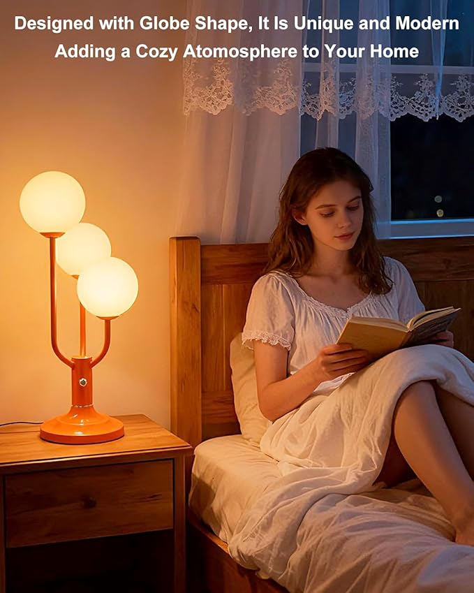 Lightdot Modern Orange Table Lamp for Bedroom, Mid Century Desk Lamp with Globe Lampshade 3000K Warmwhite Dimmable Nightstand Lamp for Living Room Bedside End Table(G9 Bulb Included)