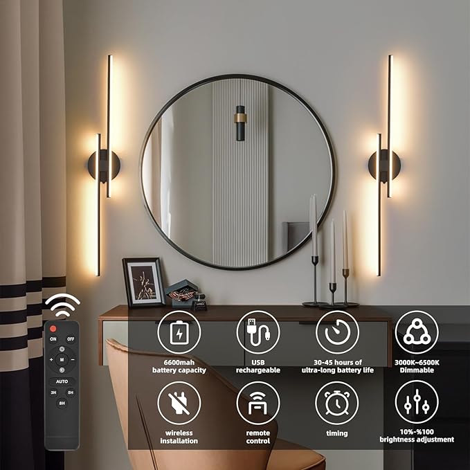 Rechargeable Battery Operated Wall Sconce Set Of Two, Black Wireless LED Wall Sconces With Remote Control, Dimmable 3 Colors Cordless wall lights for Living Room, bedroom, Hallway, 31.4 Inch ( 2pcs)