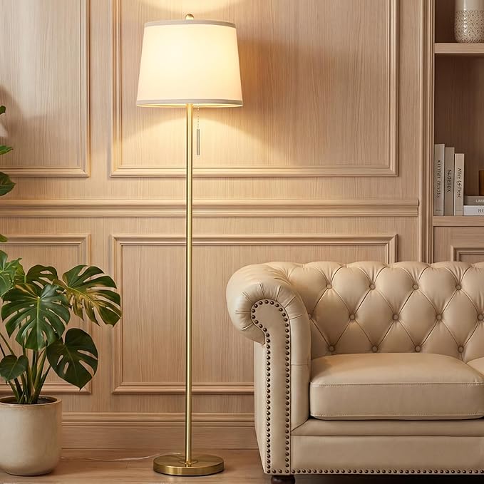 Gold Floor Lamps for Living Room, 63in Modern Standing Lamp 3 Way Brightness Dimmable with White Linen Shade Metal Base Tall Pole Light for Bedroom Reading Office Corner Nursery 8W LED Bulb Included