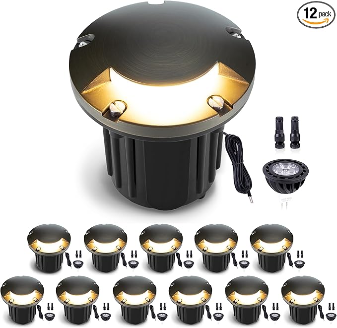 Gardenreet Landscape Brass Well Lights - Brass Electric Ip65 Hardwired In-Ground Lighting, Low Voltage 12V Fixture, Antique Bronze for Backyard Outdoor Driveway with 4000K Neutral White MR16 Bulb