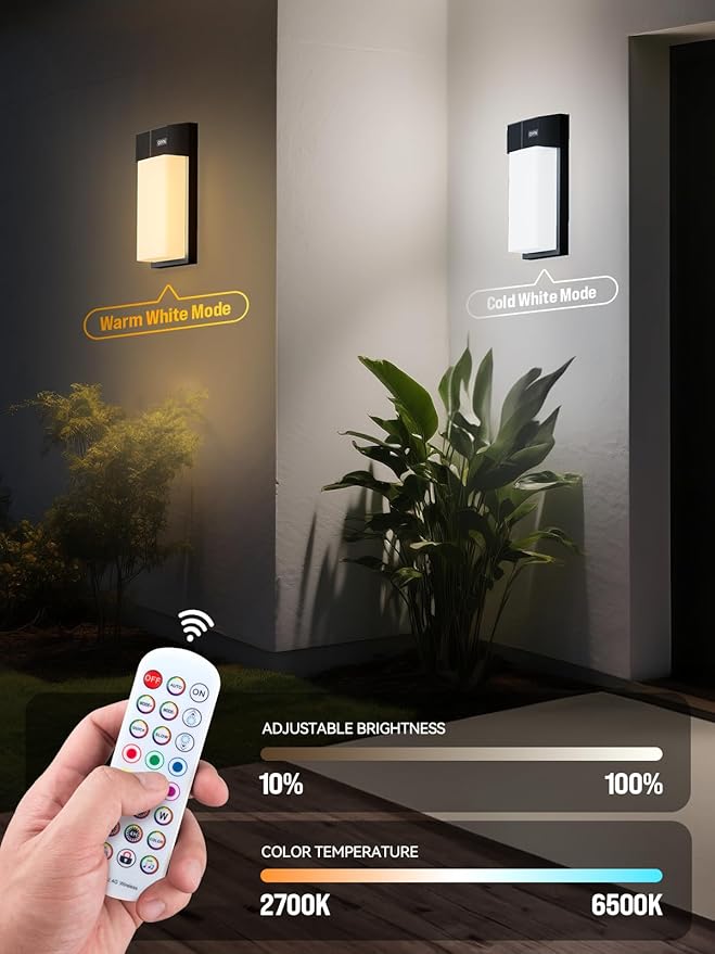 Outdoor Wall Light, Smart RGBICWW Porch Lights Outdoor, 1500LM Modern Wall Sconce with 30+ Scene Modes, Retome & APP Control, IP65 Waterproof Color-Changing DIY for Outdoor Decor, 1 Pack