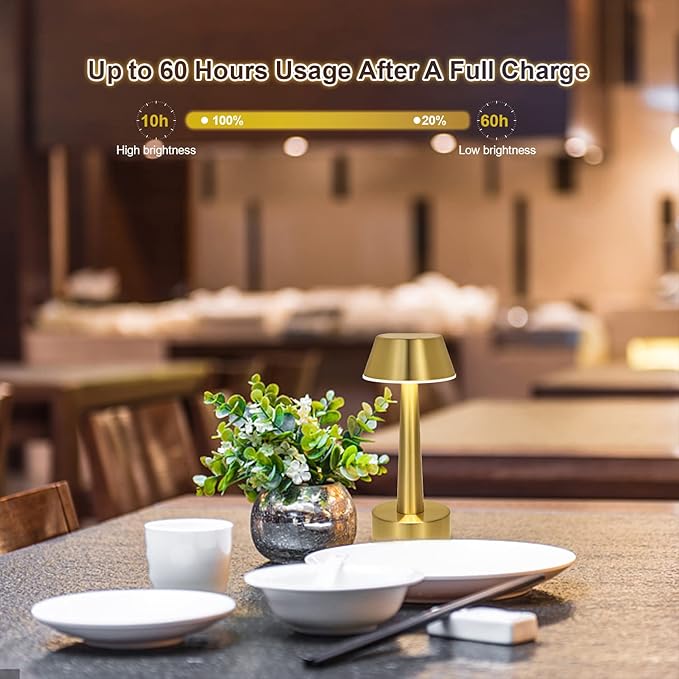 Egobasic Cordless Small Table Lamp, Gold Battery Operated Lamp for Restaurant Dinner Table, Rechargeable Dimmable Night Light Touch Portable Lamp for Bedside Dining Room Patio Bar Outdoor Décor