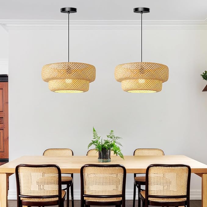 Bamboo Pendant Light, 13.8inch Hand-Woven Wicker Rattan Bamboo Chandelier, 2-Tier Beige Boho Rustic Island Dining Ceiling Hanging Light for Living Room, Kitchen, Farmhouse, Bedroom