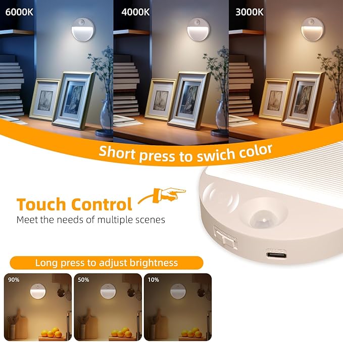 DAMI Rechargeable Motion Sensor Night Light Indoor, 2 Pack - Dimmable LED Closet Lights with 3 Color Temperatures, Magnetic Stick-On Wireless Under Cabinet Lighting for Hallway, Stairs, Kitchen