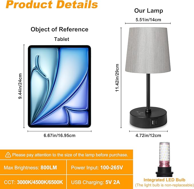 Ascher Small Bedside Table lamp, RGB Color Changing Lamps, 3 Color Temperatures Nightstand Lamps with USB C and A Ports, Touch Dimmable Desk Lamp for Bedroom Living Room(Grey Shade)