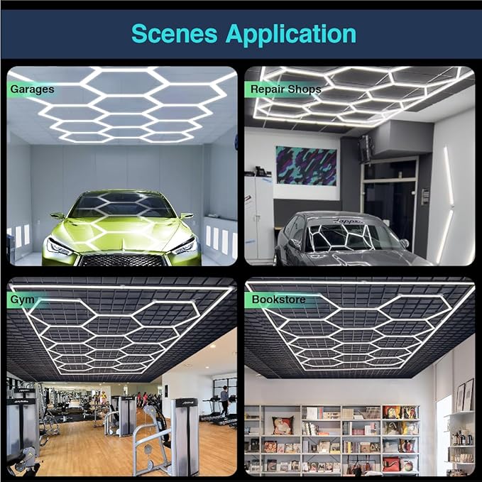 Hexagon LED Lights Garage Light,13 Honeycomb 54packs Tubes 6500K 432W，Hex Garage Ceiling LED Light for Gym Basement Warehouse Auto Beauty Shop Car Detailing Hair Salon Workshop Lighting
