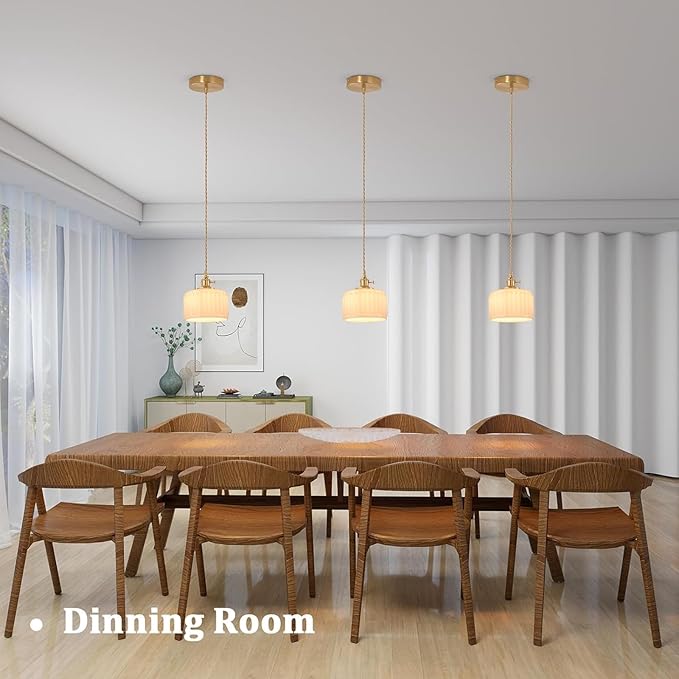 Pendant Light with White Striped Glass Lmapshade, Brass Vintage Pendant Light Adjustable Hanging Light for Kitchen Island Dining Room Hallway