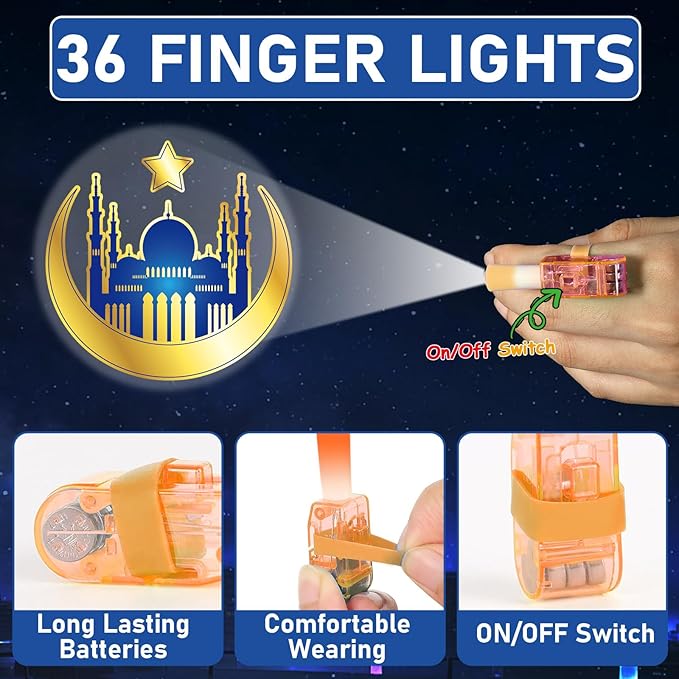 36Pcs Ramadan Mubarak LED Finger Lights Eid Al-fitr Party Favors Glow in the Dark Light Up Finger Lights Ramadan Bulk for Super Birthday Party Goodie Bag Stuffer Birthday Gifts Prize