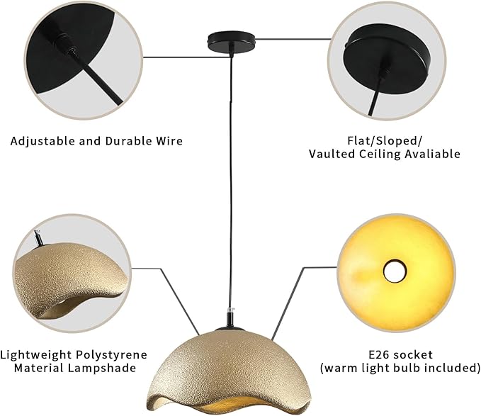 JAYMP 15.7" Modern Pendant Light for Dining Room Kitchen Island Light Hanging Lamp E26 Base Japanese Wabi-Sabi Style Bird Nest Shape Lighting Fixture, 1 Pack (Matte Gold,D Shape, 40cm/15.7inch)