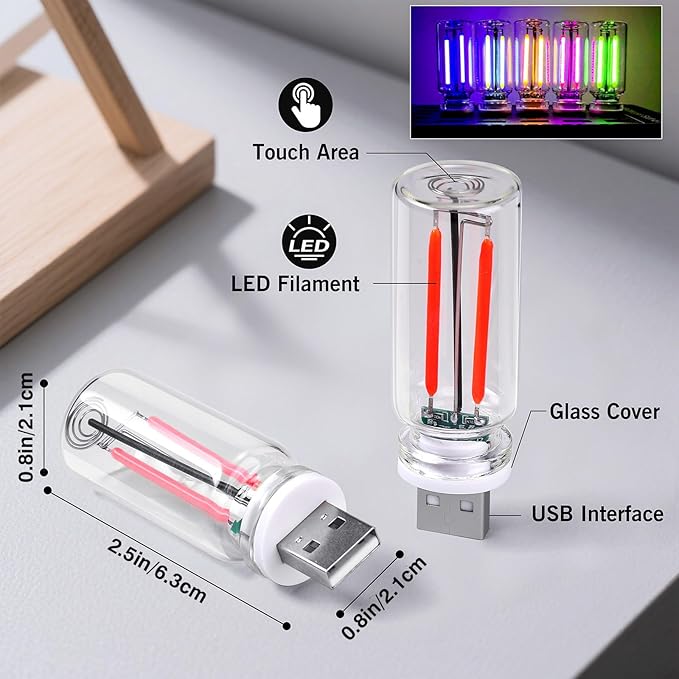 2PCS Car USB Night Light Touch Dimmable LED Filament Lamp, Mini Glass Bottle USB Night Light, Plug-in Ambient Lights Retro Car Atmosphere Lamp for Vehicle Bedroom Hallway Camping Holiday Decor, Red