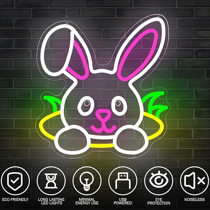 Easter Neon Sign Rabbit Hole LED Sign for Home Office Shop Dimmable Bunny Window Light Decorations Happy Easter Decor Light Up Bunny Sign for Bedroom Wall Hole Light Sign for Kids Room