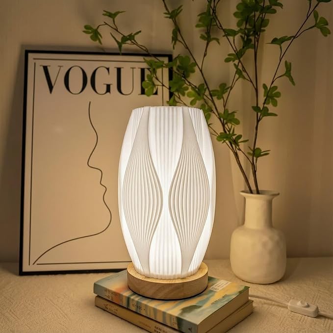 3D Printed Mini Lamp, Small Bedside Lamp with 3-Color Dimmable LED, Small Nightstand Lamp for Tight Spaces, Beautiful Lamp with Wooden Base - Helix