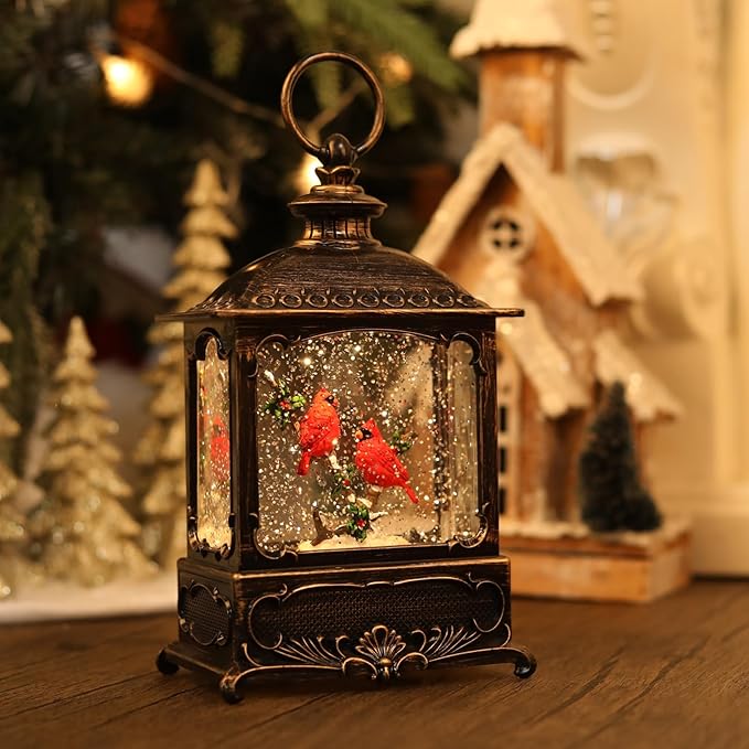 Cardinal Snow Globe Christmas Decorations Lantern, Glittering Lighted Plug-in, 3 AA Battery Operated & USB Powered, Cardinal Snow Globe Lantern for Christmas Home Decoration and Gift