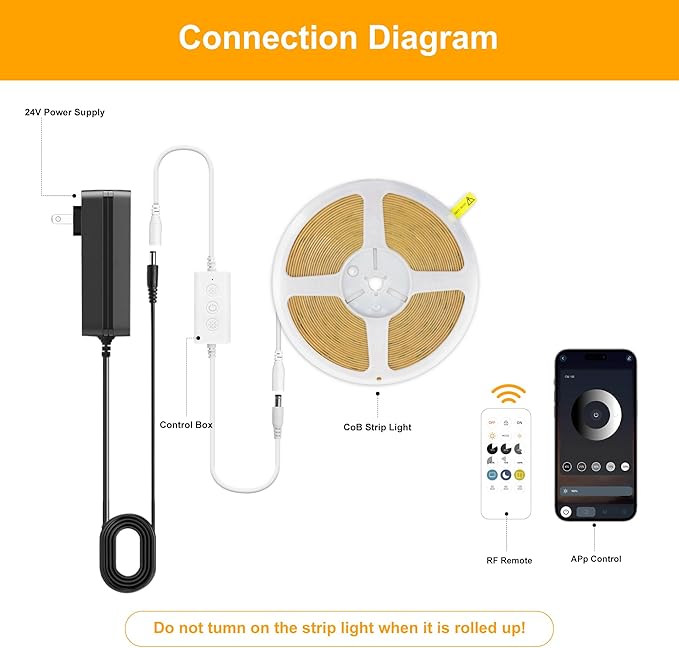 COB LED Strip Lights Warm White,24V Dimmable led Light Strip KIT with Remote and app Control,2700K 25FT/7.5m 8mm Wide Ra>90 Cuttable Flexible Strip Lights for Bedroom,Wardrobe,Cabinet
