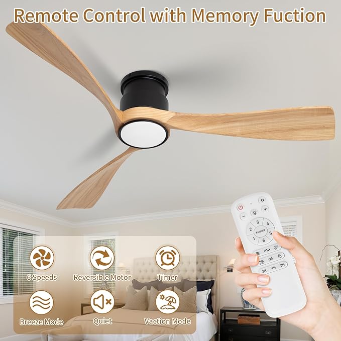 52inch Ceiling Fan with Lights,Wood Flush Mount Ceiling Fans with Remote Control,Dimmable Light,3 CCT,6 Speeds,Noiseless DC Motor,Ceiling Fan for Bedroom,Living Room,Office,Indoor,Natural Wood