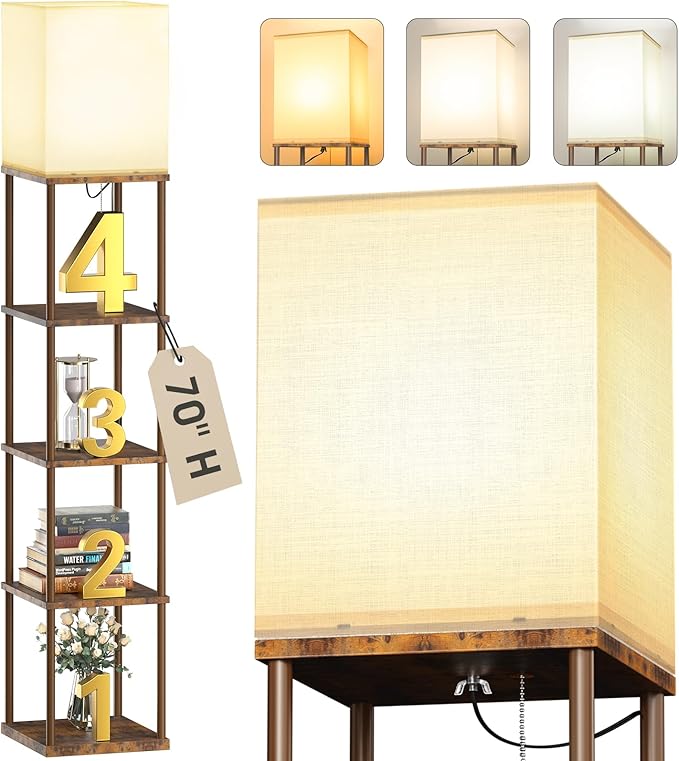 addlon 5-Tier Floor Lamp with Shelves, Standing Bookshelf Lamp with 3 Color Temperature, Corner Display Nightstand Lamp for Living Room, Bedroom and Office (70'' H, Brown)