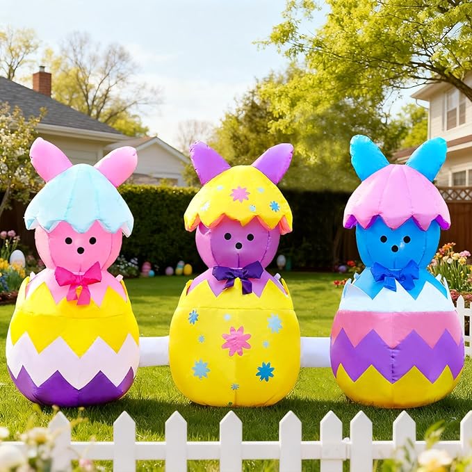 Domkom 6FT Long Easter Inflatable Bunny Outdoor Decorations, Build-in LED Lights Holiday Blow Up Yard Decoration, for Easter&Spring, Outdoor,Garden, Yard Lawn Décor