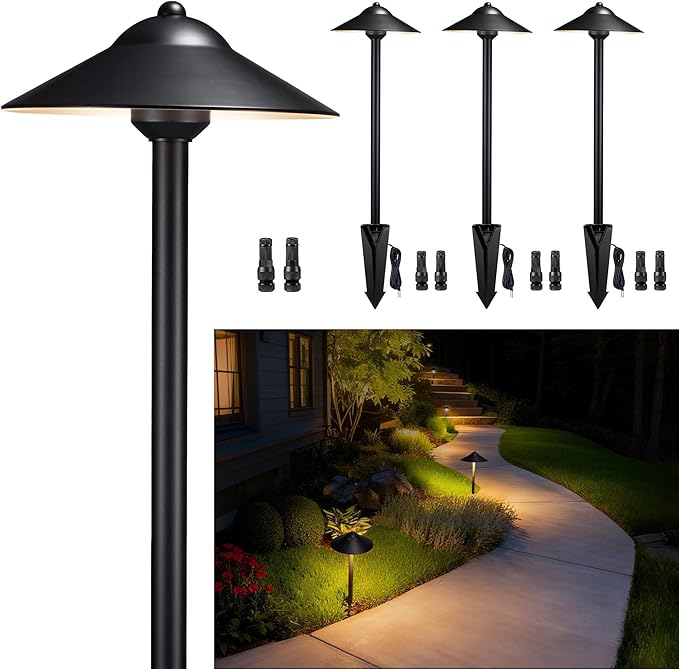 Gardenreet Low Voltage Landscape Light Brass (9" Shade, 23.5" Tall) - 12v Pathway LED Lights Waterproof, Hardwired Path Lighting Outdoor, Black for Exterior Patio Garden Without G4 Bulb (4 Pack)