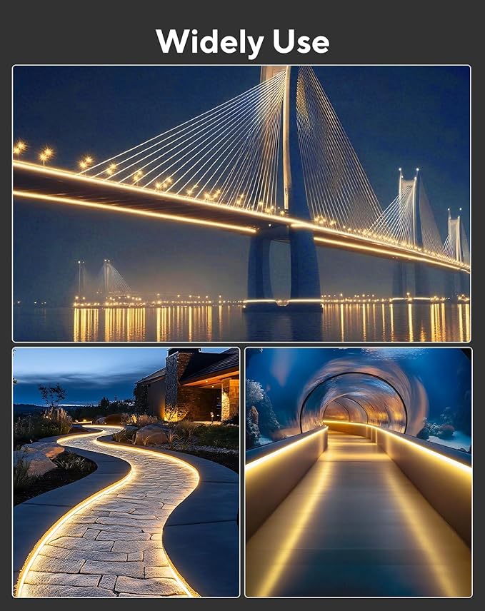 Shine Decor Outdoor LED Neon Rope Light, IP67 Waterproof Solid Silicone Enclosed Lighting Strip, ETL Listed Durable for -40F Extreme Cold Weatherproof, 120V No Driver Plug&Play 49ft 2800K Warm White