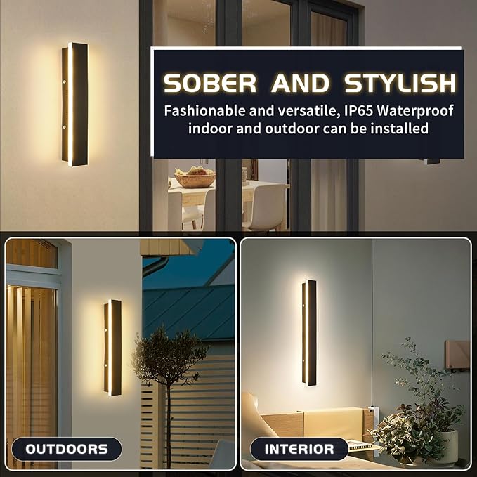 Mikeru 2 Pack Outdoor Wall Light,11.82 Inch 3 Color Wall Sconce（3000/4000/6000K） Front Porch Light, Ip65 Waterproof Black Exterior Wall Light, Exterior Wall Lights for House Courtyard Balcony Porch