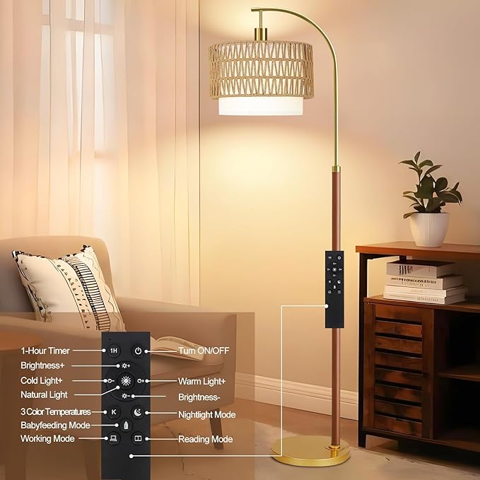 Boho Floor Lamps for Living Room Wood Floor Lamp with Remote Control,Dimmable Rattan Floor Lamps Farmhouse Gold Standing Lamp with 3 Color Temperature Tall Arc Floor Lamp for Bedroom Corner