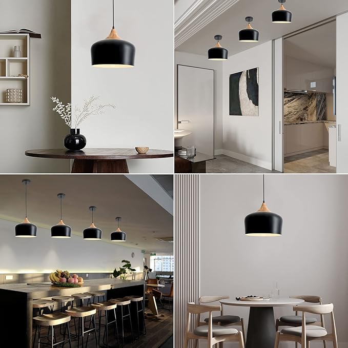 11.8 inch Black Industrial Pendant Light, Adjustable Wood Ceiling Hanging Lighting with Dome Metal Shade,Farmhouse Minimalist Lamp for Kitchen Island,Dining Room,Bar, Bedroom,Hallway