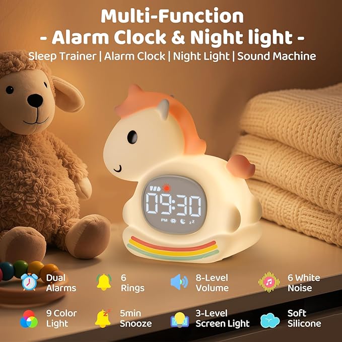 Alarm Clock with Night Light for Kids with Sleep Training and Sound Machine, Rechargeable Silicone Lamp OK to Wake Clock，Cute Animal Tabletop Lamp, Perfect Sleep Companion for Boys Girls,Pink Pony