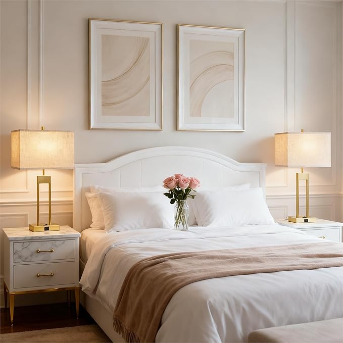 GyroVu 25.5" Nightstand Table Lamps for Bedrooms Set of 2, Bedside Lamp with USB C+A, 3 Colors Changeable Living Room Lamp, Modern Night Stand Lamps for Bed Side Guest Room Reading, Gold+White Shade