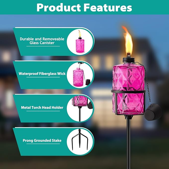 4 Pack Colorful Glass Garden Torch,60-Inch Outdoor Torch Garden Décor, Upgraded 12 oz Citronella Torches with 3-Prong Grounded Stake,Metal Light Torches for Party Patio Pathway