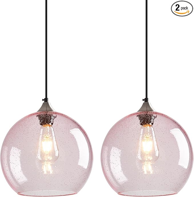 Pink Glass Pendant Lights Kitchen Island Globe Pendant Light Fixtures Modern Pendant Lighting for Bedroom Living Dining Room Light Fixture (9.84 in, 2 Pack)