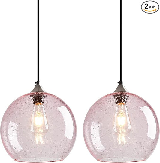 Pink Glass Pendant Lights Kitchen Island Globe Pendant Light Fixtures Modern Pendant Lighting for Bedroom Living Dining Room Light Fixture (9.84 in, 2 Pack)