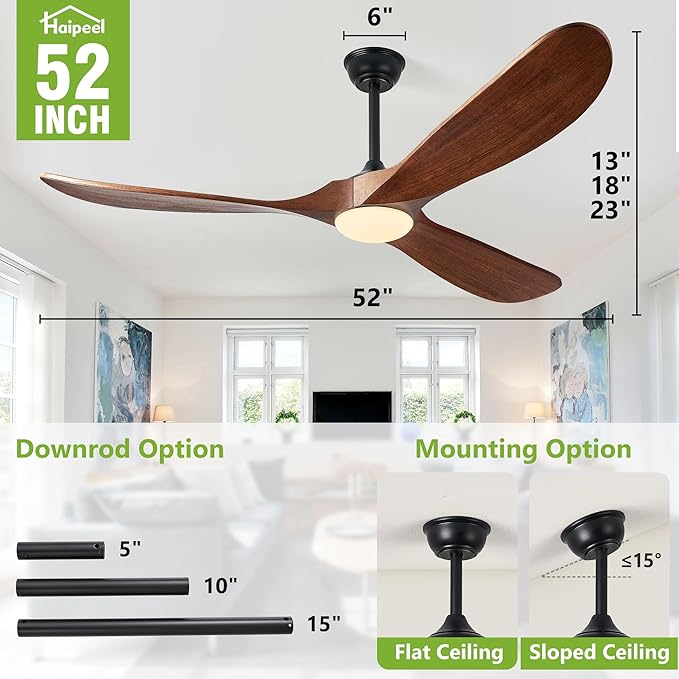 Haipeel 52 Inch Outdoor Ceiling Fans with Lights, Propeller Solid Wood Ceiling Fan with Light and Remote Control 3 Blades Outdoor Fans Quiet for Patios Farmhouse Bedroom, Dark Walnut