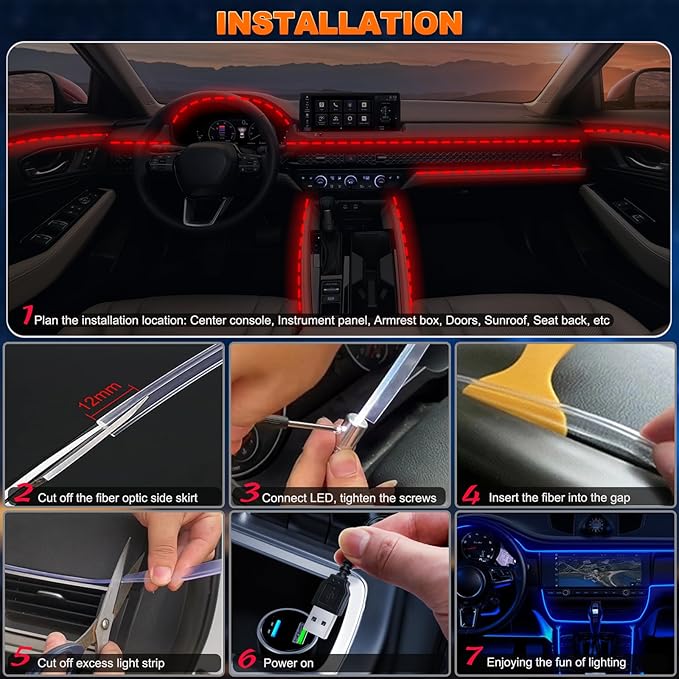 Car LED Lights, Interior Car Lights with Wireless APP/RF Remote/Button Control, Car Ambient Lighting Kit with 315" Integrated Molding Fiber Optic RGB Sync to Music (6 in 1-USB)