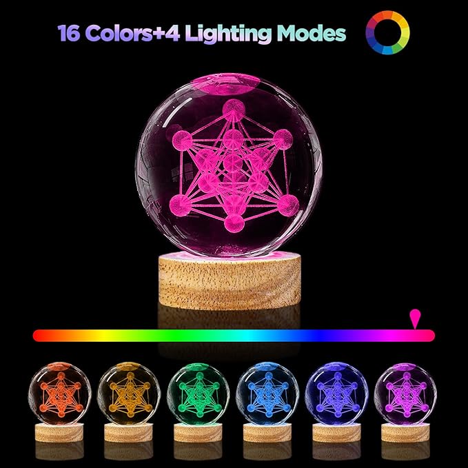 3D Metatron's Cube Crystal Ball Night Light,3.15in k9 Crystal Ball Lamp with 16 Colors Change,Wooden Base and Remote Control Metatron's Cube Gifts for Kids