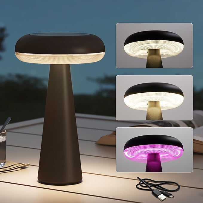 Solar Yard Solar Table Lamp Outdoor Water-Resistant, Cordless USB Table Lights for Patio, 3 Lighting Modes Solar Desk Lamp for Garden Outside Patio Bedroom Living Room, Black