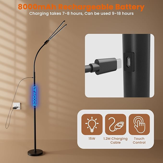 Cordless Floor Lamp LED Rechargeable - 15W Dual Head Adjustable Gooseneck Reading Light, 8000mAh Battery, Touch Control IP54 Waterproof, for Living Room, Bedroom & Emergency Lighting