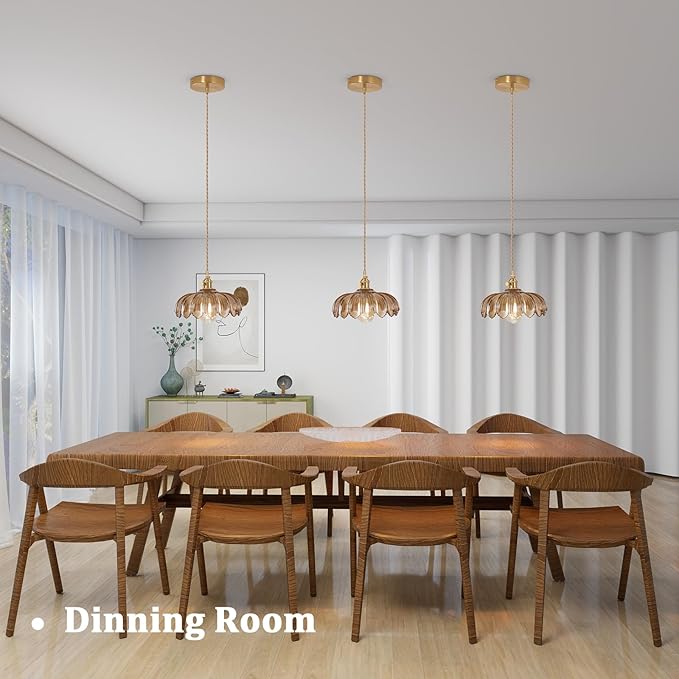 Pendant Light with Amber Scindapsus Glass Lmapshade, Brass Vintage Pendant Light Adjustable Hanging Light for Kitchen Island Dining Room Hallway