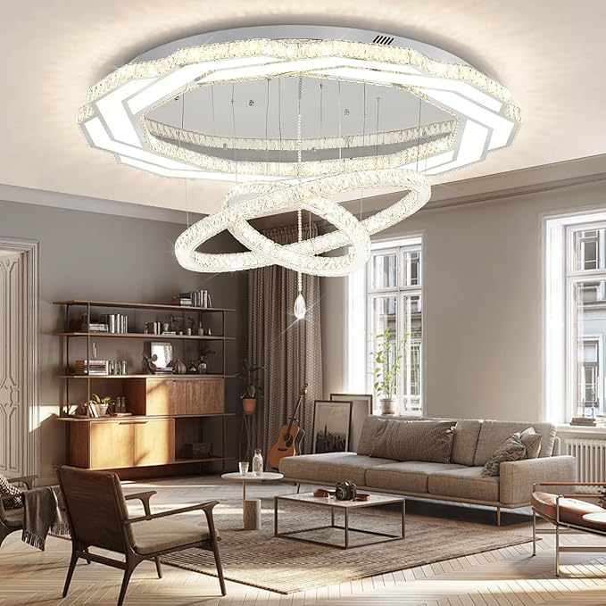 Flashing God Extra Large Chandelier Dia 55" Chrome Chandeliers Flush Mount Chandelier for Living Room Bedroom Dining Room Hallway Dimmable 3 Rings Chandeliers