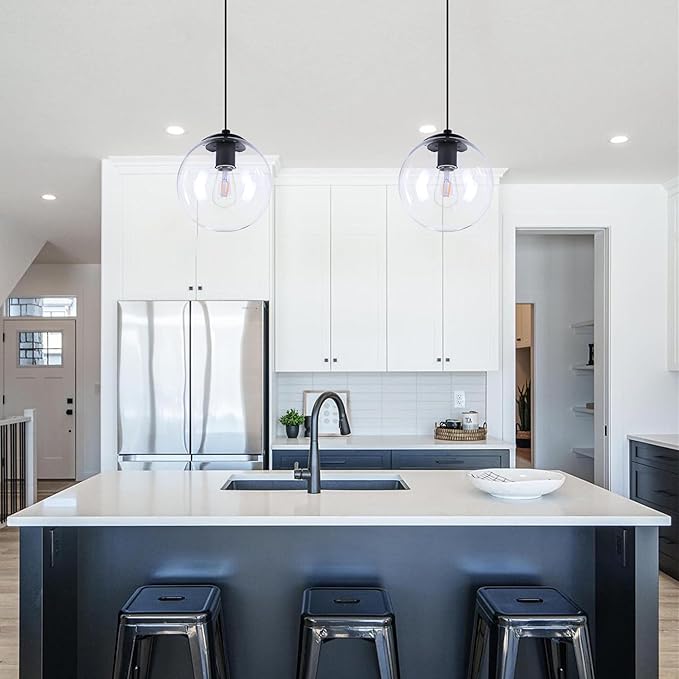 KoKo&Yukina 10" Globe Pendant Light Black Mid Century Pendant Light Mid Century Adjustable Hanging Light Fixture Matte Black Finished with Clear Glass Lampshade for Dining Room Bedroom Kitchen Island