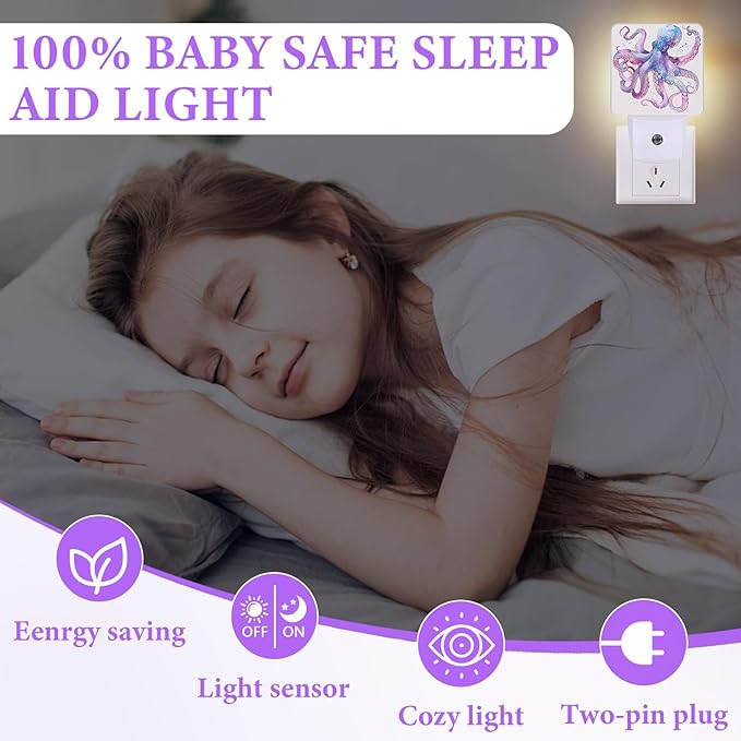 Octopus Night Light,Fish Sea Life Plug-in Night Lights with Dusk-to-Dawn Sensor for Bedroom,Bathroom and Living Room Sleep Friendly lamp 0.5w