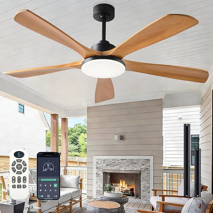Ceiling Fans with Lights and Remote Control, 5 Solid Wood Blades, 3CCT Dimmable, 56 Inch Modern Outdoor Ceiling Fans for Bedroom Farmhouse Patios, Quiet DC Motor