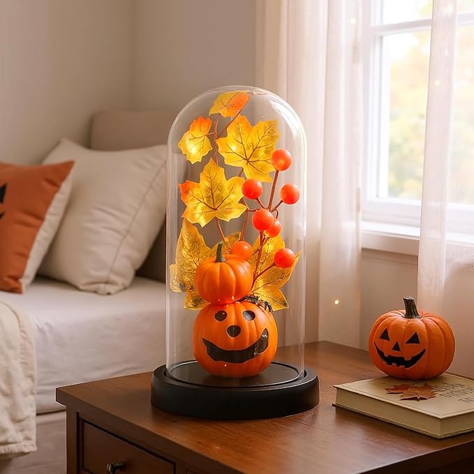 Halloween Decor -Jack-o'-Lantern- Decorations Indoor - Adorably Spooky Light-Up Pumpkin in Glass Cloche, Glowing Smiling Face Night Light for Home, Mantel & Party Halloween Displays