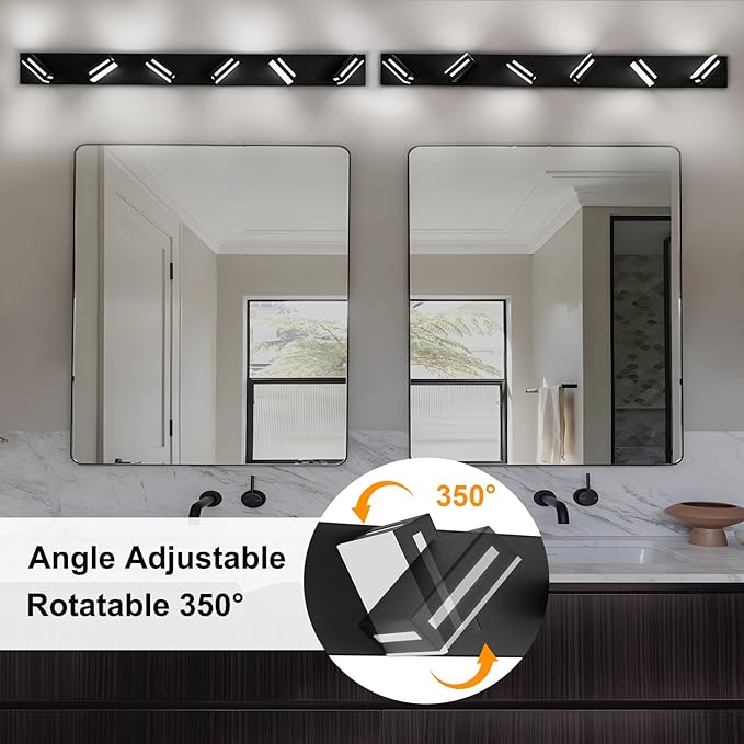 48-Inch 6-Light LED Modern Black Bathroom Vanity Light Fixtures Over Mirror, Bathroom Lighting Fixtures with Cool White 6000K, Vanity Wall Lights for Bath Restroom Powder Room