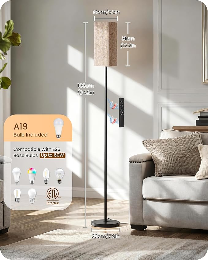 64.2” Dimmable Floor Lamp for Living Room with Remote and Foot Switch, Corner Floor Lamp for Bedroom, Includes 10W A19 Bulb, Modern Standing Tall Lamp, ETL Listed Beige and Black E17LD05