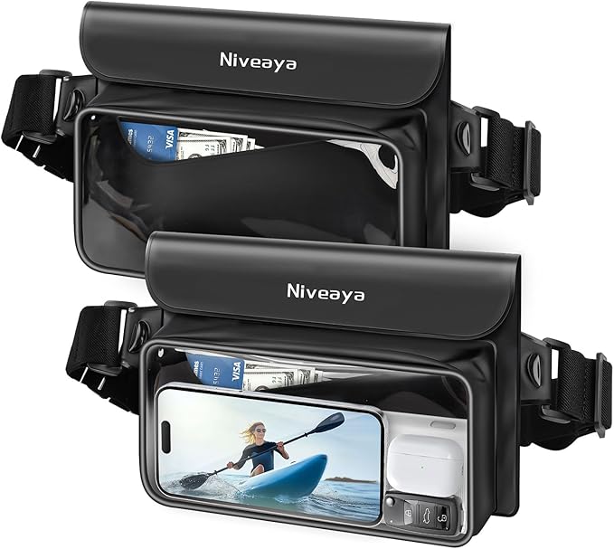 Niveaya IPX8 Waterproof Fanny Pack - 2 Pack, Floating Dry Bag Pouch, Phone Waterproof Waist Pouch Dry Bag, Beach, Kayaking, Swimming, Boat Essentials, for iPhone 17/16/15/14/13/12 Pro Max up to 9.5"