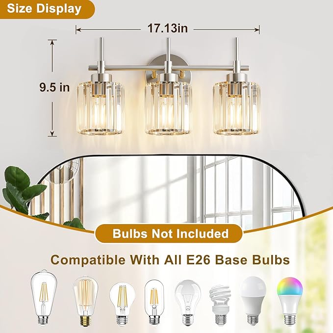 3 Light Crystal Bathroom Light Fixtures, Brushed Nickel Vanity Mirror Lights, Crystal Bath Vintage Wall Mounted Lamps Wall Light Fixtures for Bathroom, Living Room