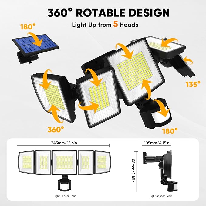 Solar Motion Lights Outdoor - With 16.4ft Cable, 3000LM Ultra-Bright LED Security Lights for Outside Dusk to Dawn, 2400mAh IP65 Waterproof Flood Lights with Remote for Court Yard Garage Front Door