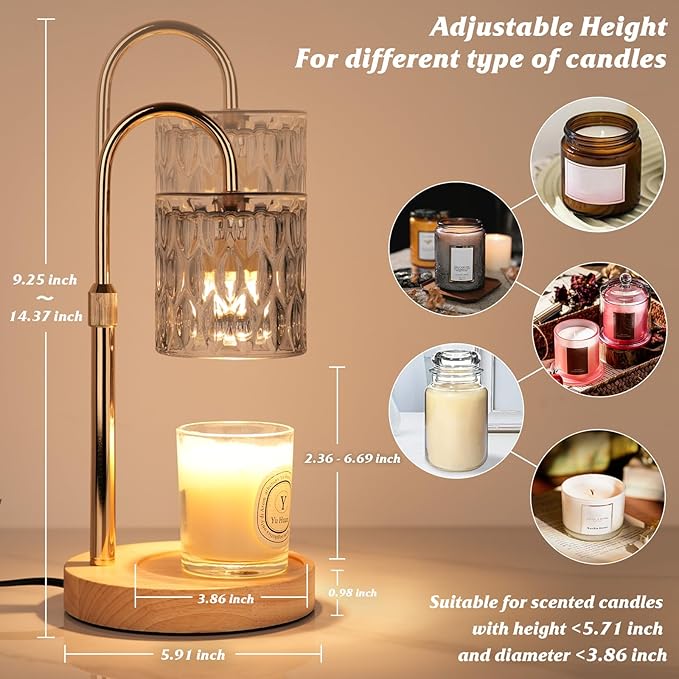 Candle Warmer Lamp with Timer and Dimmer, Height and Brightness Adjustable,Glass Electric Wax Warmer with 2 Bulbs for Women Mom Gifts, Home Decor for Scented Jar Candles (Grey)