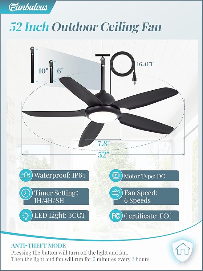 Fanbulous 52 Inch Waterproof Outdoor Ceiling Fan with Lights and Remote,IP65 Hanging Gazebo Fan with 3CCT 6-Speed DC Motor,Black Wet Rated Plug in Ceiling Fan with Cord for Patios Porch Pergola