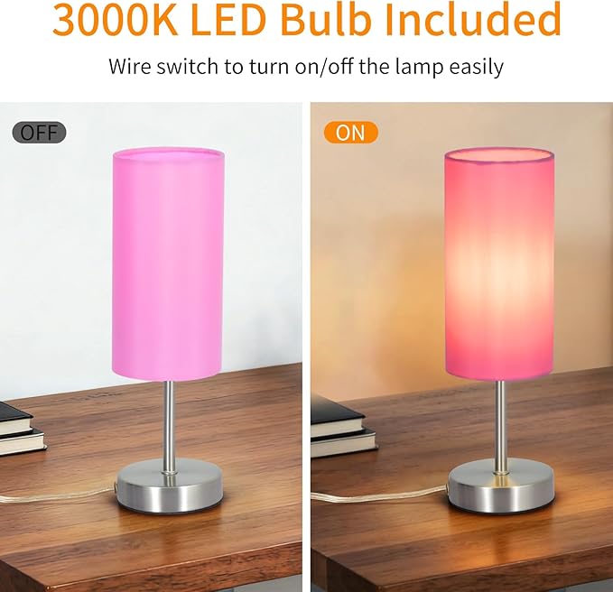 2 Pack Small Table Lamps for Bedroom, Bedside Lamps for Nightstand with Wire Switch, Minimalist Modern Desk Lamps with Linen Fabric Shade for Kids Room Living Room Office Dorm, Bulb Included